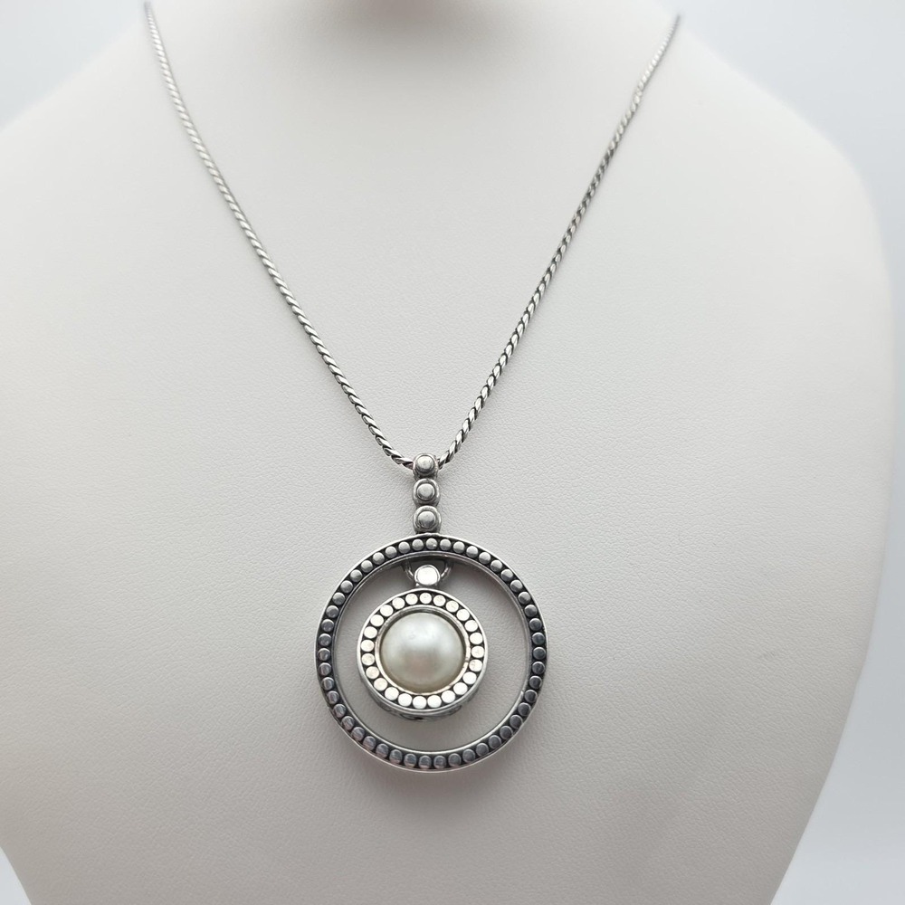 BRIGHTON 'Moon Shadow'‎ Necklace Faux Pearl Silver Plate Round Herringbone 18"
